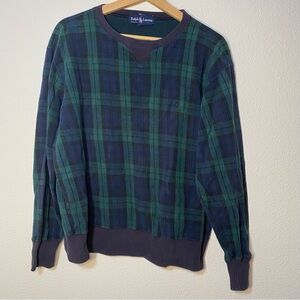Ralph Lauren Made In USA Green Navy Blue Plaid Cotton Sweater Men's Medium